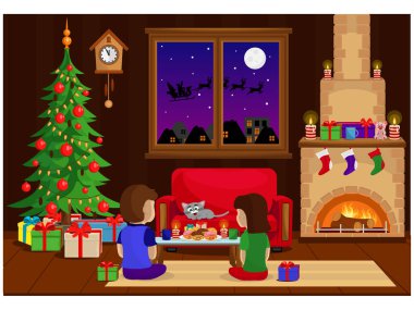 Yeni yıl ve Noel için dekore edilmiş bir oda. İnsanlar bayramı bekliyor. Tatil temalı, şömineli ve Noel ağaçlı bir vektör illüstrasyonu.