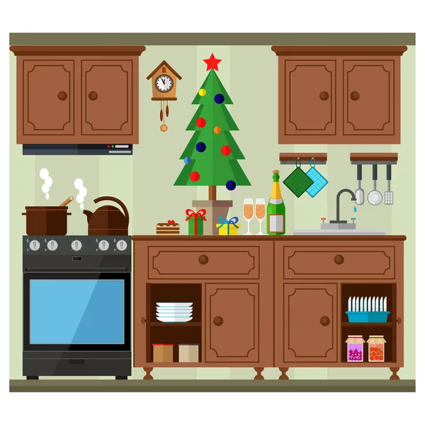 Interior de la cocina de Navidad, cocina deliciosa comida para celebrar la Navidad y el año nuevo. Vacaciones de invierno, ilustración vectorial . — Vector de stock