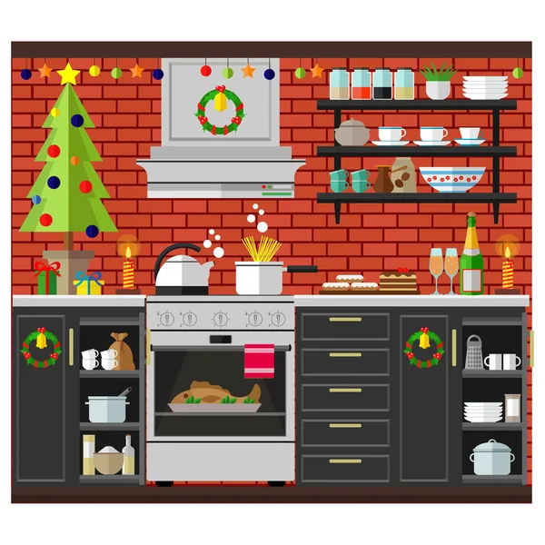 Intérieur de la cuisine de Noël, cuisine délicieuse pour célébrer Noël et la nouvelle année. Vacances d'hiver, illustration vectorielle . — Image vectorielle