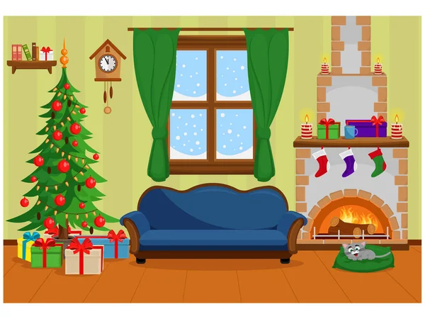 Noel ağacı, hediyeler, kanepe ve şömineli Noel salonunun vektör çizimi.