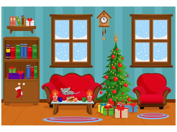 Vektör çizim Noel Noel ağacı, hediyeler, kanepe, Masa davranır ve karla kaplı pencere ile yatak odası.