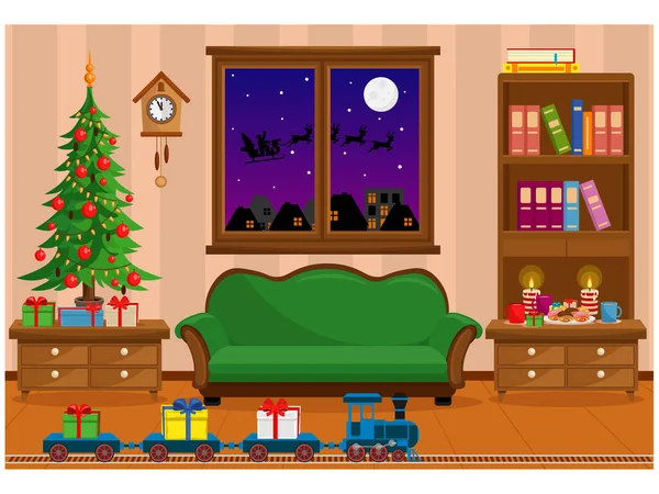 Векторна кімната готувалася до святкування Нового року та Різдва. Інтер'єр з ялинкою, меблями і ласощами до свята . — стоковий вектор
