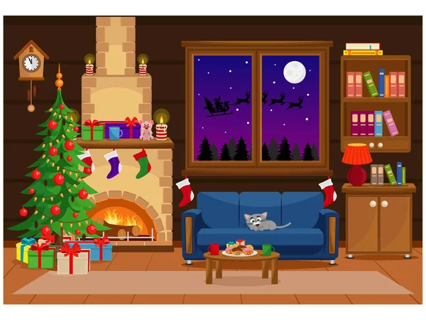 Векторна кімната готувалася до святкування Нового року та Різдва. Інтер'єр з ялинкою, меблями і ласощами до свята . — стоковий вектор