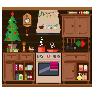 Noel mutfak iç, Noel ve yılbaşı kutlamak için lezzetli yemek. Kış tatili, illüstrasyon vektör.