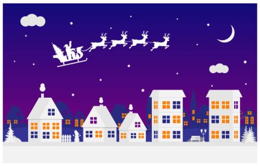 Mutlu Noeller ve mutlu yeni yıl. Noel Baba geyik ile bir atlı kızak üzerinde gökyüzünde küçük bir kasaba. Kağıt Sanat dijital tarzı. Vektör çizim.