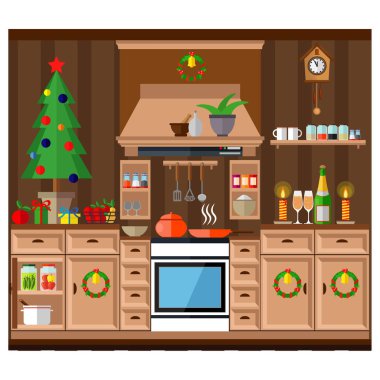 Noel mutfak iç, Noel ve yılbaşı kutlamak için lezzetli yemek. Kış tatili, illüstrasyon vektör.
