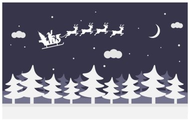 Noel Baba kızakla kış ormanının üzerinde uçuyor. Kağıt kesme teması üzerine vektör illüstrasyonu.