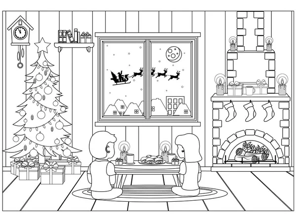 Livre à colorier pour enfants et adultes sous la forme d'une salle vectorielle préparée pour la célébration de la nouvelle année et de Noël . — Image vectorielle