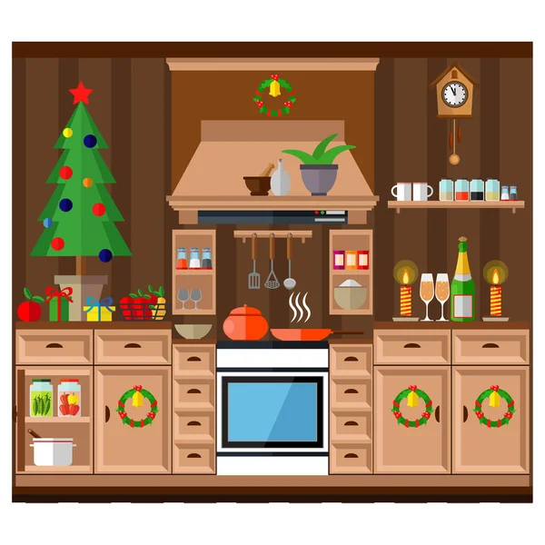 Interno della cucina natalizia, cucina cibo delizioso per festeggiare il Natale e il nuovo anno. Vacanze invernali, illustrazione vettoriale . — Vettoriale Stock