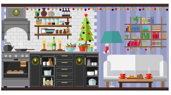 Camera preparata per il nuovo anno e Natale. Monolocale con soggiorno e cucina combinati . — Vettoriale Stock