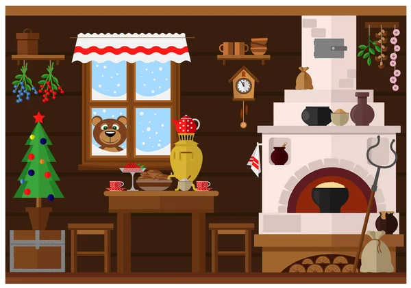 Кухня з російською традиційною піччю, приготована для нового року і Різдва. Цікавий ведмідь дивиться у вікно.. — стоковий вектор