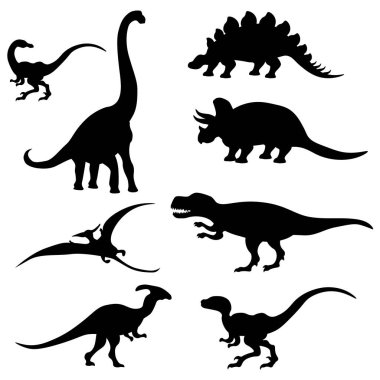 Beyaz izole bir zemin üzerinde farklı dinozor siluetleri vektör seti.