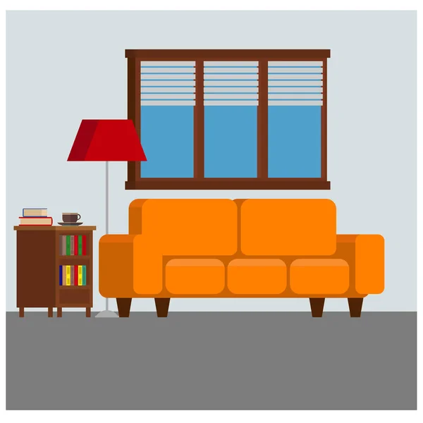 Przytulny salon z sofą, szafką nocną i oknem. — Wektor stockowy