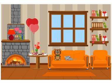 Sevgililer günü kutlama için hazırlanan oda iç vektör Illustration. Mobilya, davranır, romantizm.