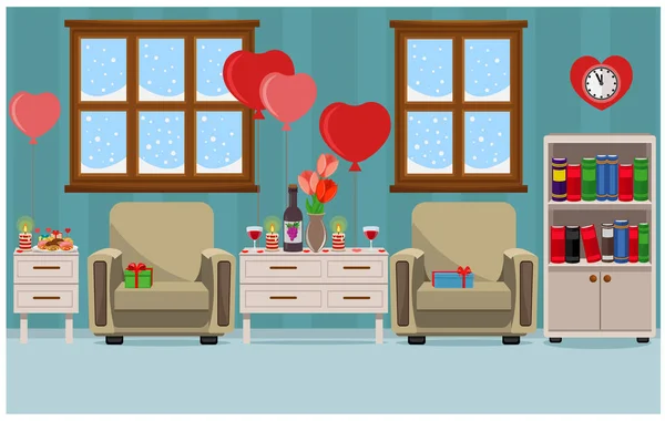 Illustrazione vettoriale dell'interno della stanza preparata per la celebrazione di San Valentino. Mobili, dolcetti, romanticismo . — Vettoriale Stock