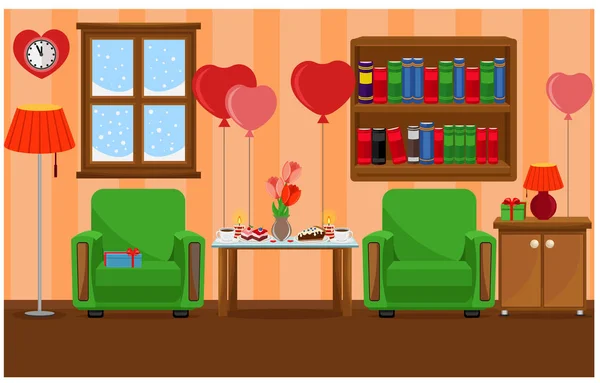 バレンタインの日のお祝いの準備部屋のインテリアのベクター イラストです。家具を扱う、ロマンス. — ストックベクタ