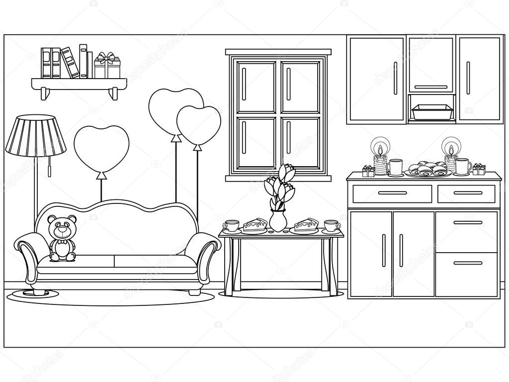 Coloring on the theme of Valentine's day. Vector illustration of an interior decorated for a holiday.
