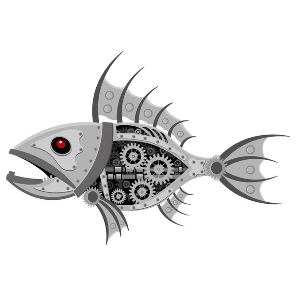 Balık steampunk robotu. Alışılmadık hayvan desenli vektör çizimi.