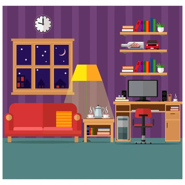 Ein Gemütliches Wohnzimmer Mit Sofa Computer Büchern Und Fenster Bleiben — Stockvektor