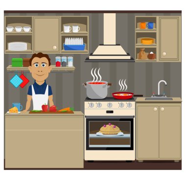 Mutfakta yemek hazırlayan birini pişir. İç mekan ve yemek teması üzerine vektör illüstrasyon. Evde kal..