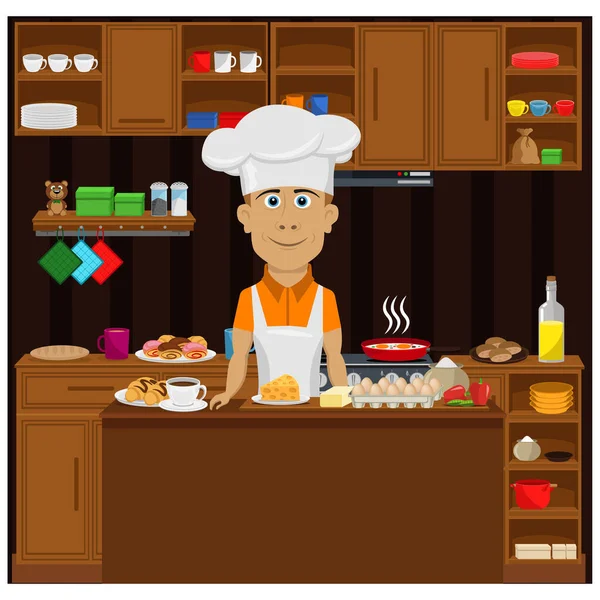 Cucinare Una Persona Che Prepara Pranzo Cucina Illustrazione Vettoriale Sul — Vettoriale Stock