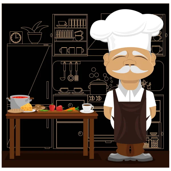 Bon Chef Dans Cuisine Illustration Vectorielle Sur Thème Alimentation Cuisine — Image vectorielle