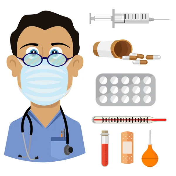 Médico Serio Con Gafas Conjunto Medicamentos Equipo Médico Ilustración Vectorial — Vector de stock