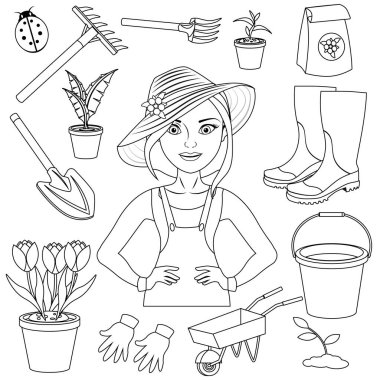 Bahçecilik konusunda yetişkinler ve çocuklar için boyama kitabı. İzole edilmiş beyaz arkaplanda vektör illüstrasyonu.