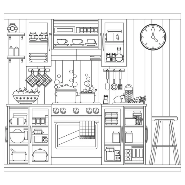 Colorear Sobre Tema Del Interior Cocina Libro Para Colorear Ilustración — Vector de stock