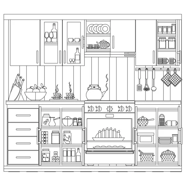 Coloring Theme Kitchen Interior Vector Illustration Coloring Book Adults Children — Stock Vector