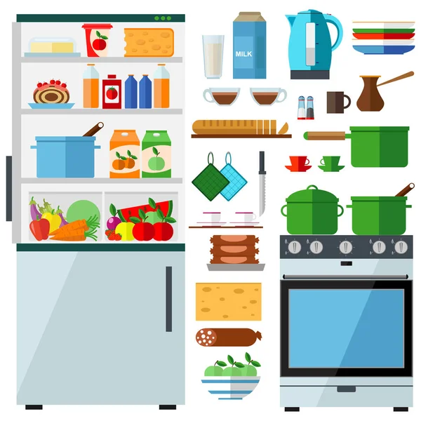 Küchenset Haushaltsgeräte Lebensmittel Geschirr Vektorillustration Zum Thema Kochen — Stockvektor