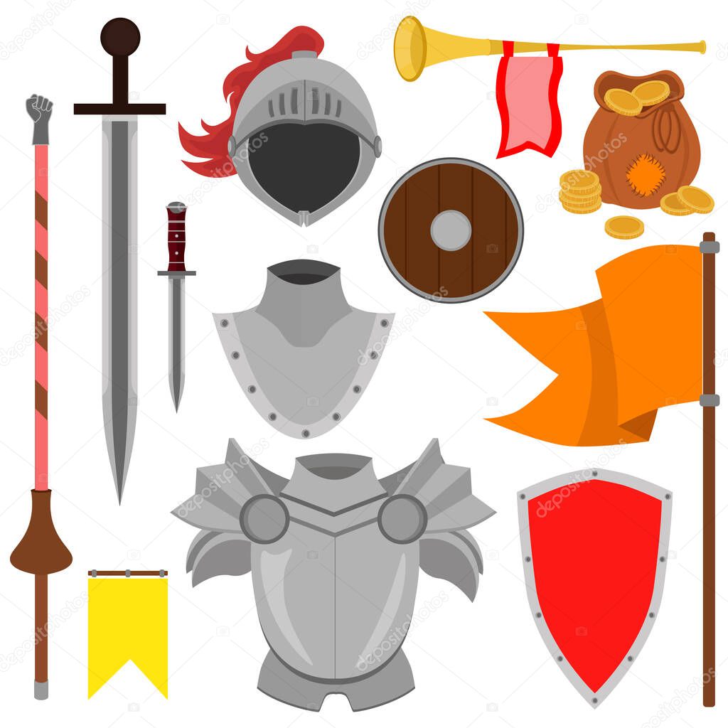 Knight's set: armor, helmet, spear, flag, gold. Vector illustration on a white isolated background.