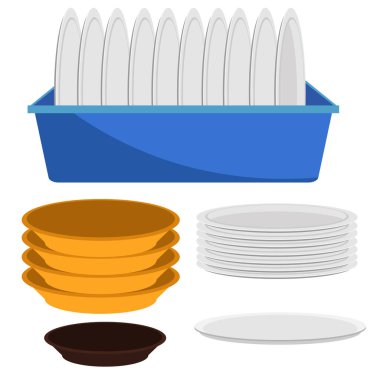 Çeşitli tabak ve fincanlar. İzole edilmiş beyaz arkaplanda vektör illüstrasyonu.