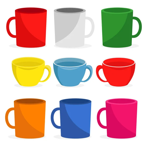 Set Mugs Different Colors Shapes Vector Illustration White Isolated Background — Stock Vector