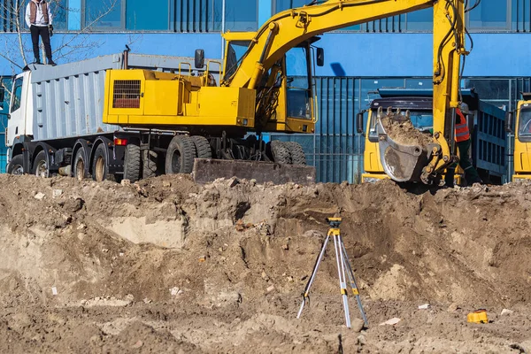 Excavator Loader Dump Truck Earthworks Construction Site Loading Land Back — Stock Photo, Image