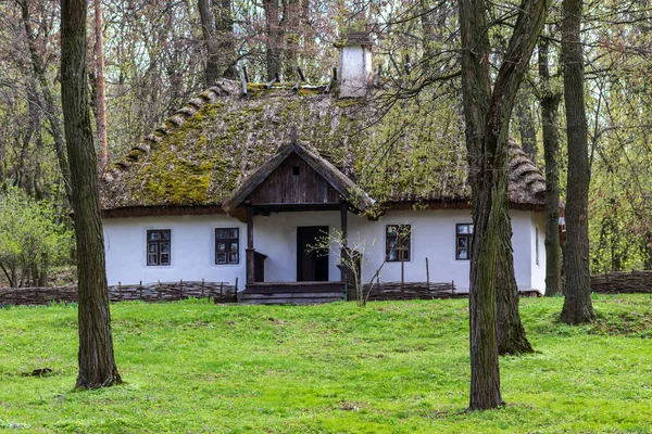 KANIV. UKRAINE - 09 Nisan 2017: Geleneksel Ukrayna kır evi. Beyaz boyanmış duvarlar, küçük pencereler, sazlık çatı. Söğüt ağacının alçak çiti. Ulusal mimari. Ilık bahar güneşli gün.