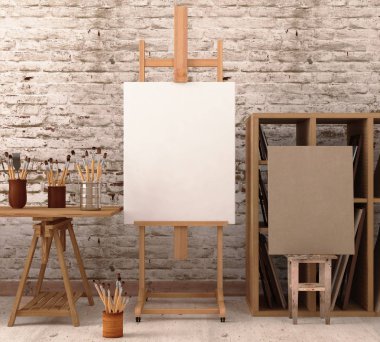 Atölye easel.3d render ile yukarı alay. 3D çizim