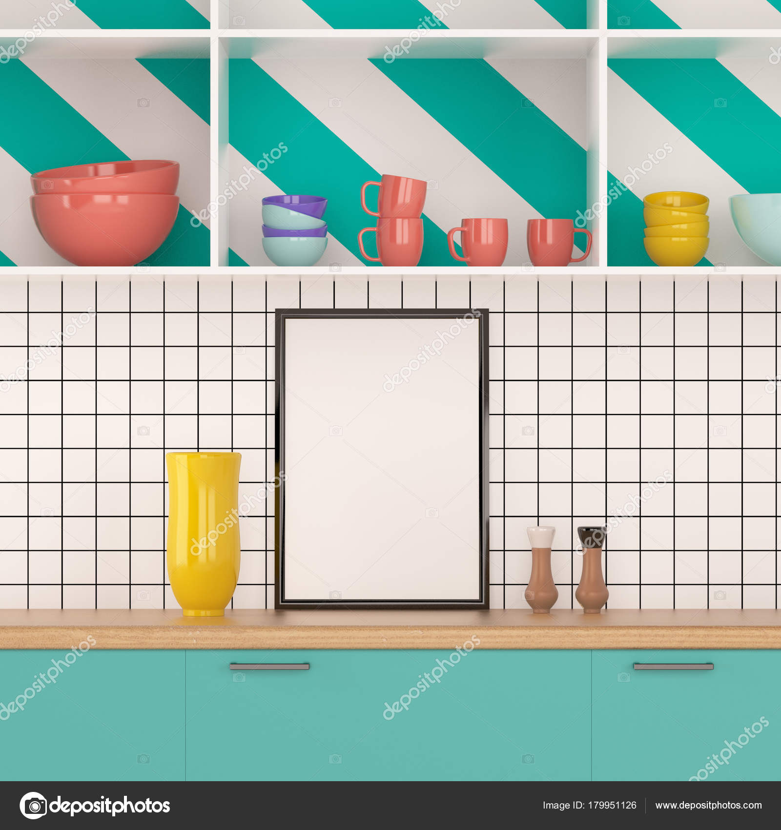 Mock Poster Frame Kitchen Memphis Style Illustration Render