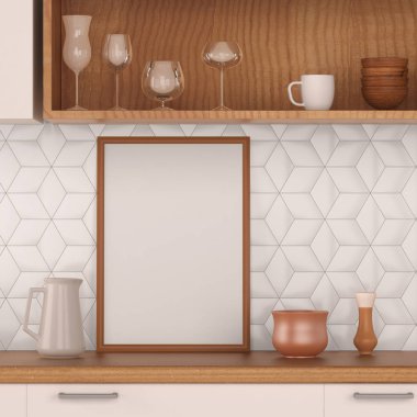 Memphis tarzı mutfak çerçevede posterdeki alay. 3D çizim. 3D render