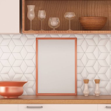 Memphis tarzı mutfak çerçevede posterdeki alay. 3D çizim. 3D render