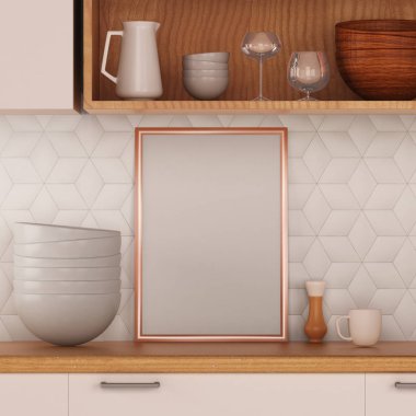 Memphis tarzı mutfak çerçevede posterdeki alay. 3D çizim. 3D render