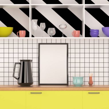 Memphis tarzı mutfak çerçevede posterdeki alay. 3D çizim. 3D render