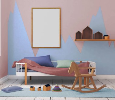 çocuk odası bir çerçevede posterdeki alay. 3D çizim. 3D render