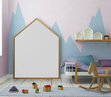 çocuk odası bir çerçevede posterdeki alay. 3D çizim. 3D render