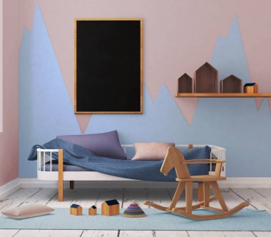 çocuk odası bir çerçevede posterdeki alay. 3D çizim. 3D render
