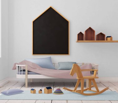çocuk odası bir çerçevede posterdeki alay. 3D çizim. 3D render