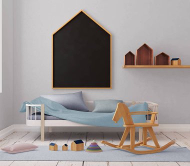 çocuk odası bir çerçevede posterdeki alay. 3D çizim. 3D render