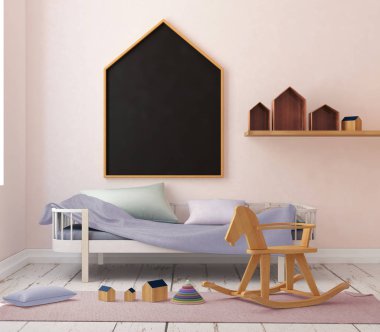 çocuk odası bir çerçevede posterdeki alay. 3D çizim. 3D render