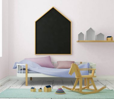 çocuk odası bir çerçevede posterdeki alay. 3D çizim. 3D render