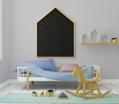 çocuk odası bir çerçevede posterdeki alay. 3D çizim. 3D render